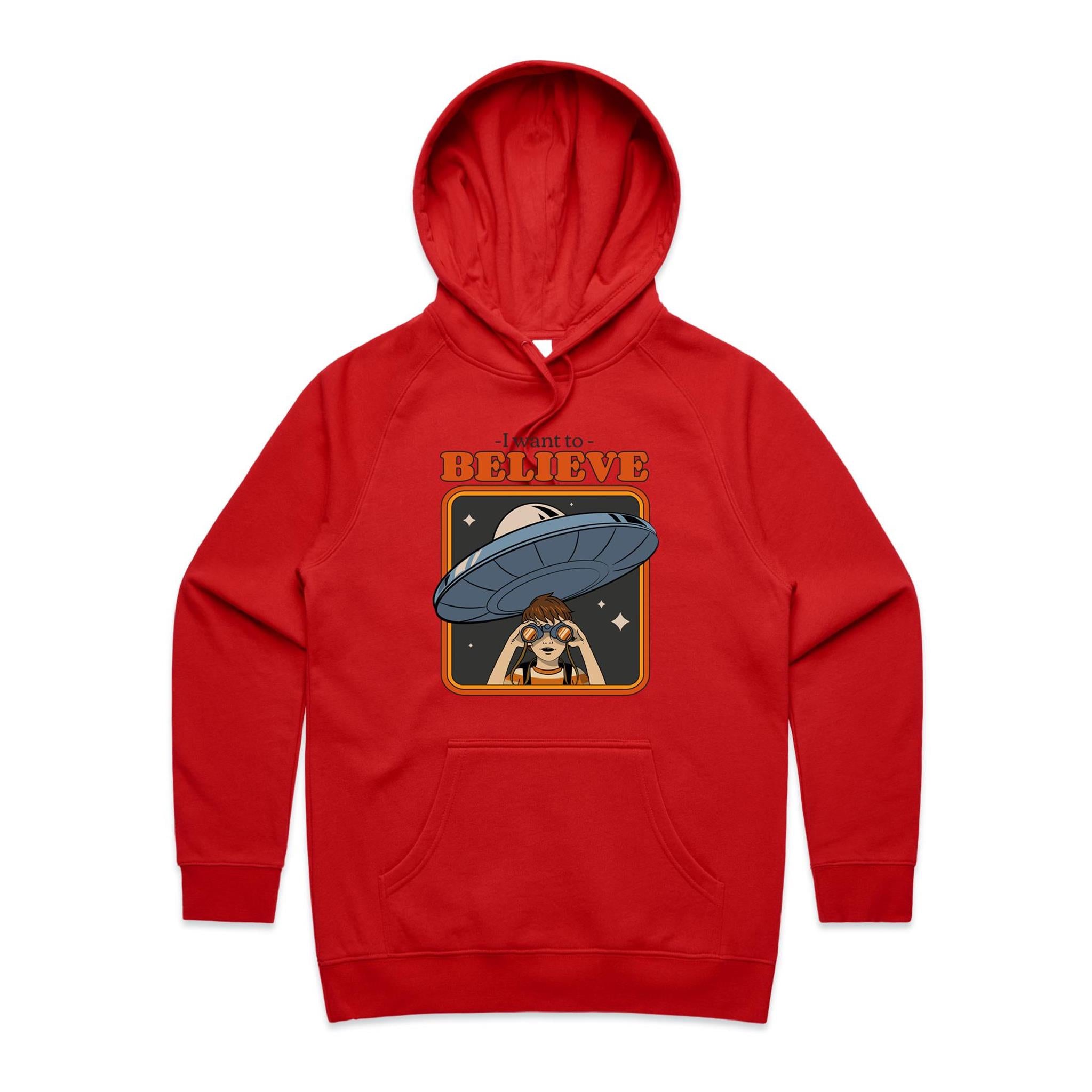 I Want To Believe, UFO - Womens Hoodie Red Womens 2XL Womens Hoodie Printed In Australia Sci Fi
