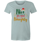 Nice Until Proven Naughty, Christmas - Womens T-shirt Pale Blue Womens Christmas T-shirt Christmas Printed In Australia