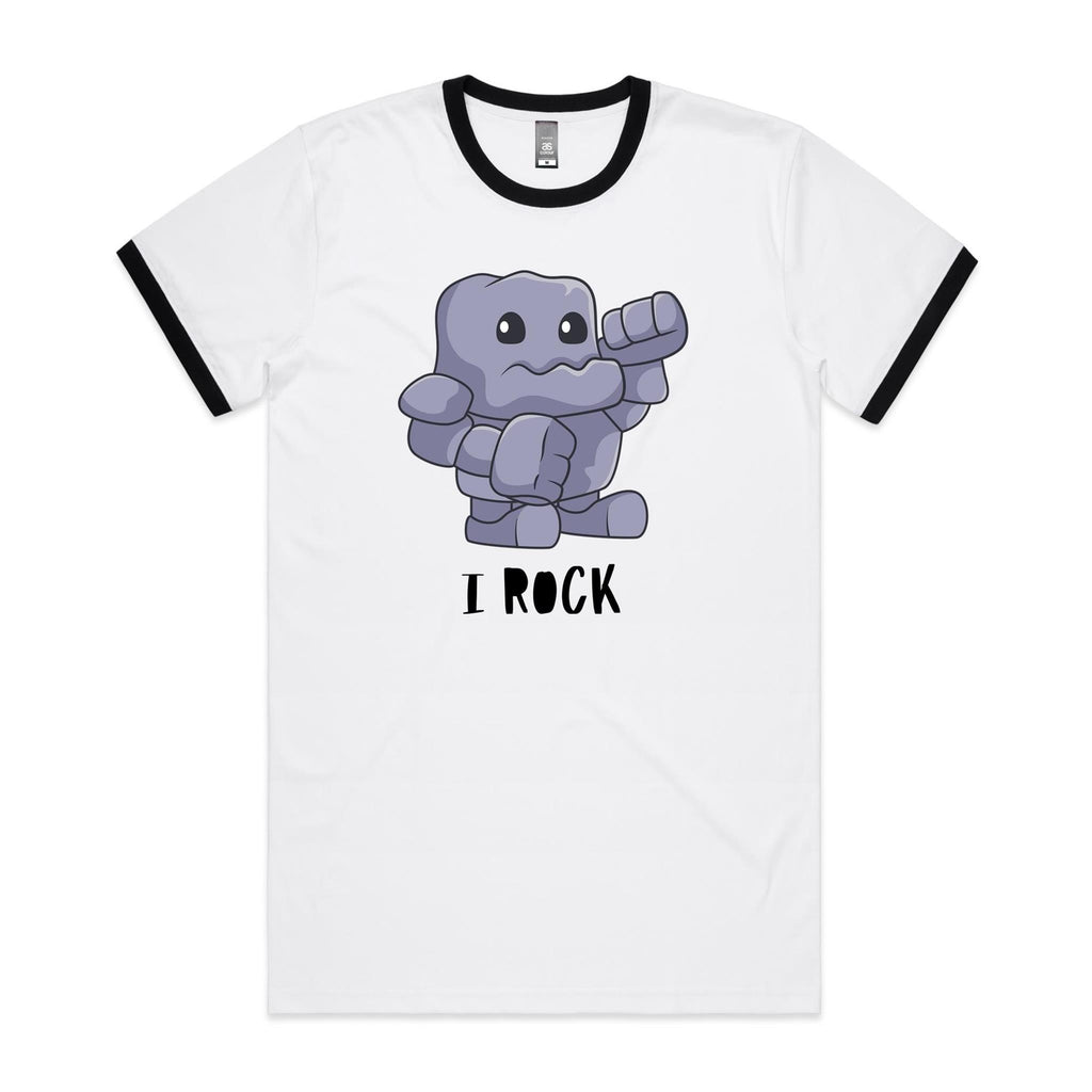 I Rock - Staple Ringer Tee White Black Ringer T-Shirt Music Printed In Australia