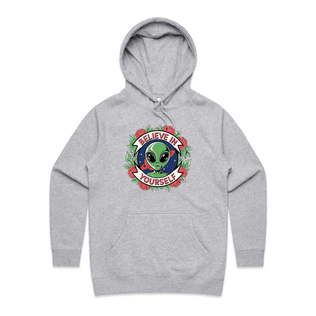 Believe In Yourself, Alien - Womens Hoodie Grey Marle Womens Hoodie Motivation Positivity Printed In Australia Sci Fi
