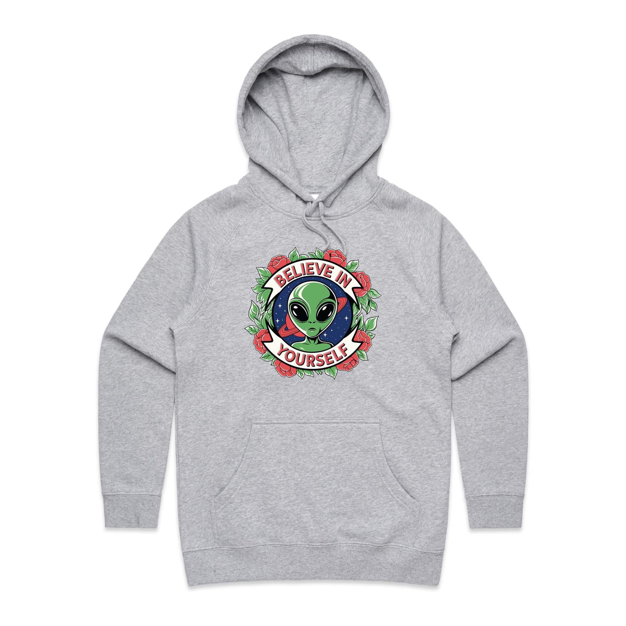 Believe In Yourself, Alien - Womens Hoodie Grey Marle Womens Hoodie Motivation Positivity Printed In Australia Sci Fi