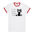 It's Fine, I'm Fine, Frazzled Cat - Ringer Tee White Red Ringer T-Shirt animal Printed In Australia