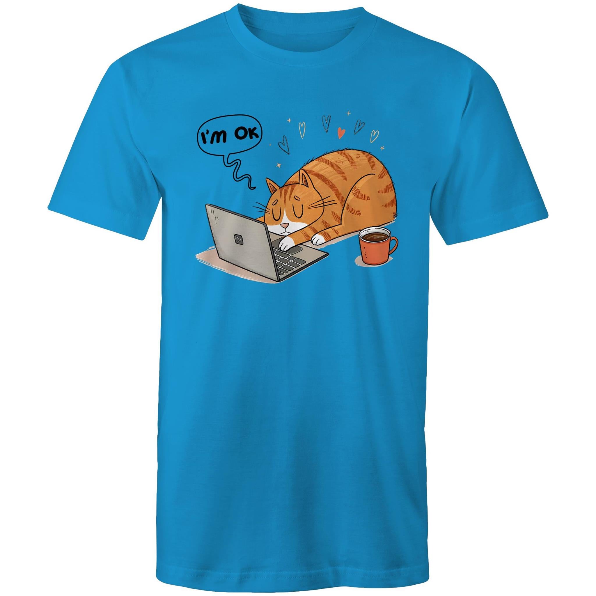 Cat Laptop, I'm OK - Mens T-Shirt Arctic Blue Mens T-shirt animal Printed In Australia