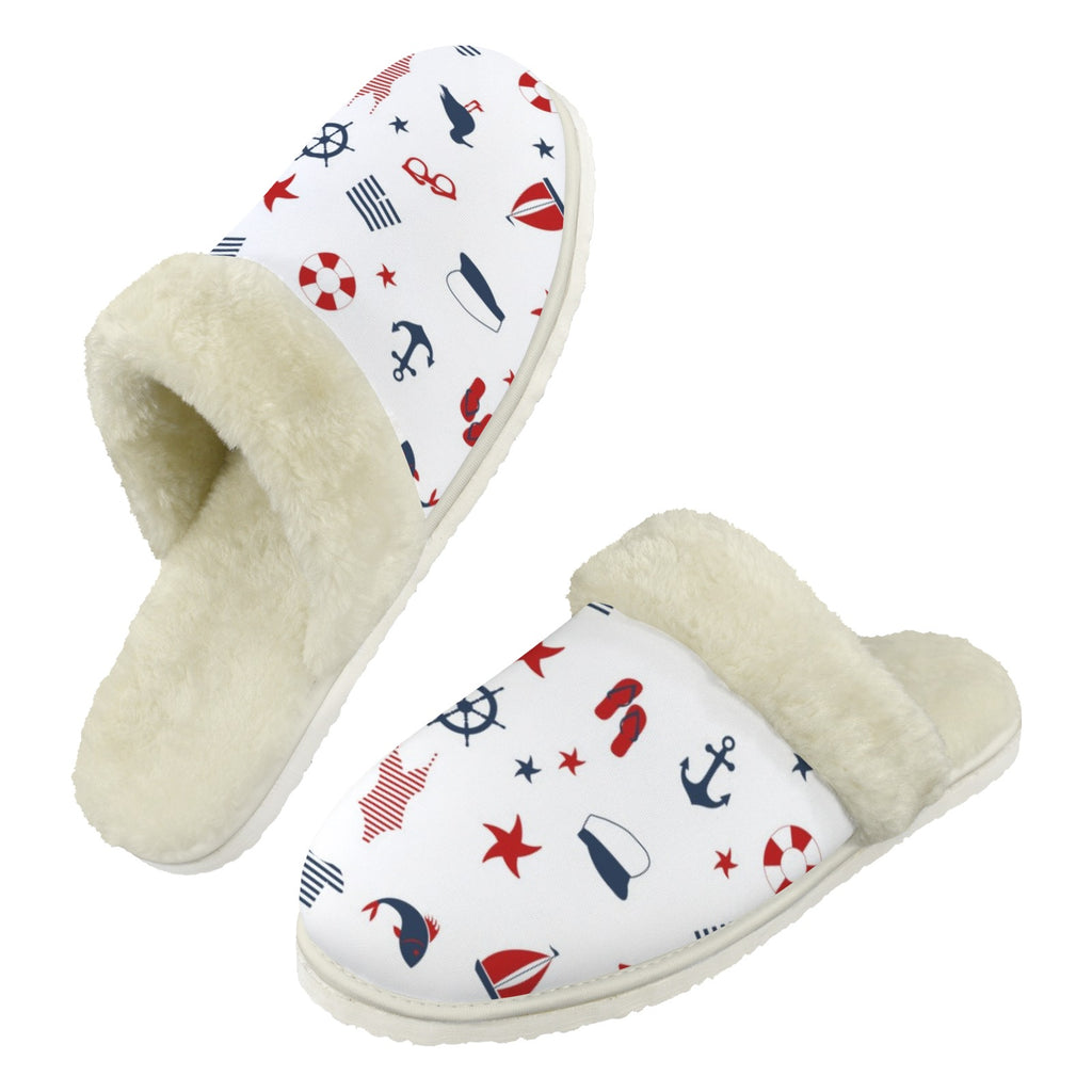 Nautical Life Men's Fur Trim Thick-Sole Indoor Slippers 2XL Men's Fur Trimmed Slippers Ocean Printed Offshore