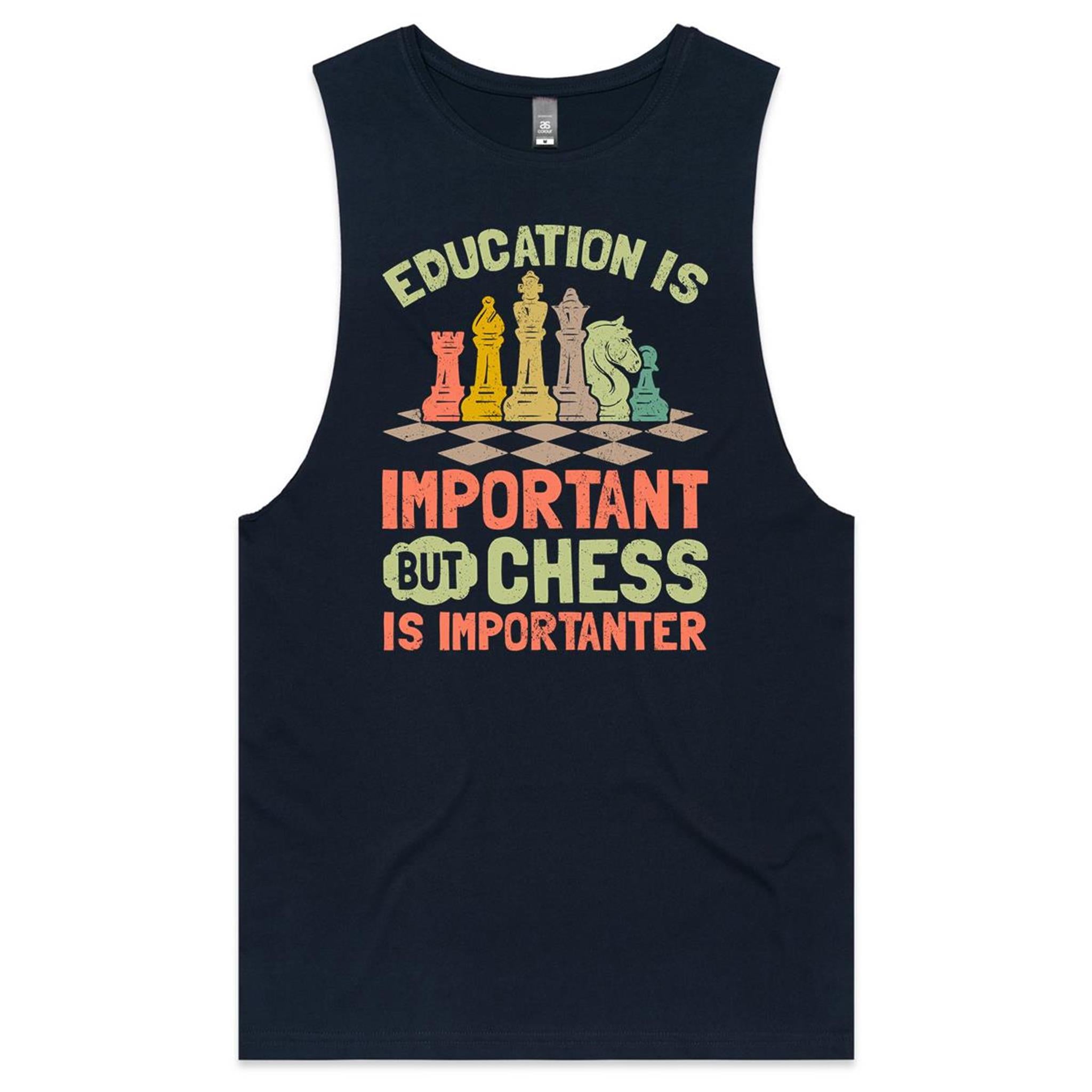 Chess And Education - Mens Tank Top Tee Navy Drop Arm Tank Top Chess Games Printed In Australia