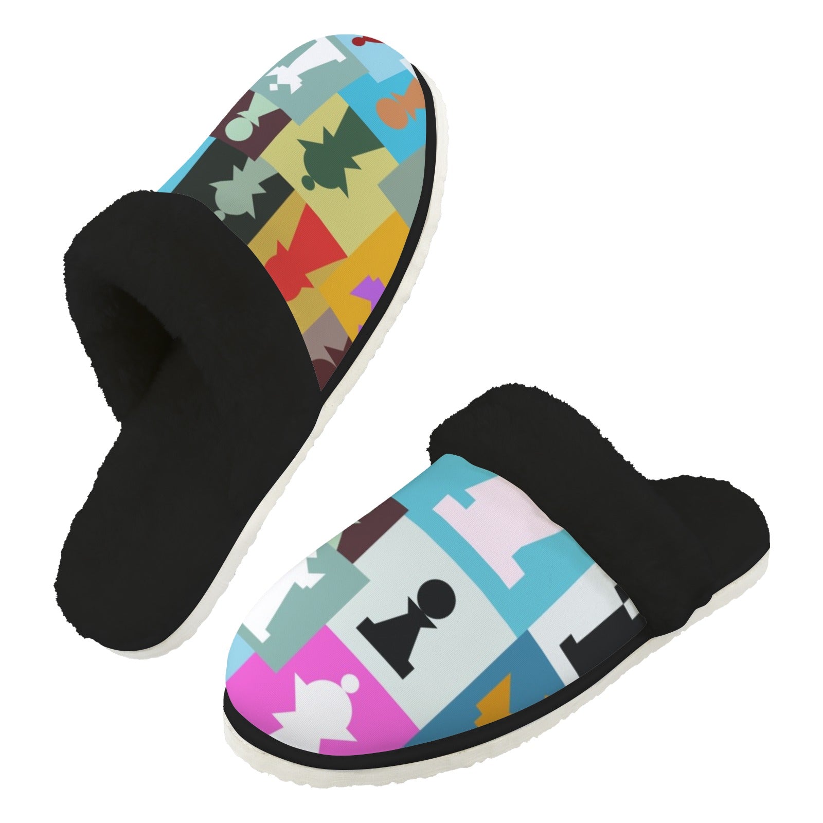 Colourful Chess Men's Fur Trim Thick-Sole Indoor Slippers 2XL Men's Fur Trimmed Slippers Chess Games Printed Offshore