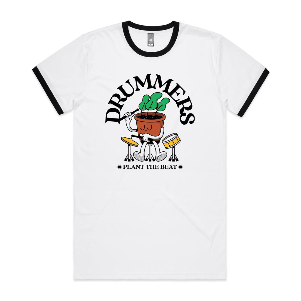 Drummers Plant The Beat - Staple Ringer Tee White Black Ringer T-Shirt Music Printed In Australia
