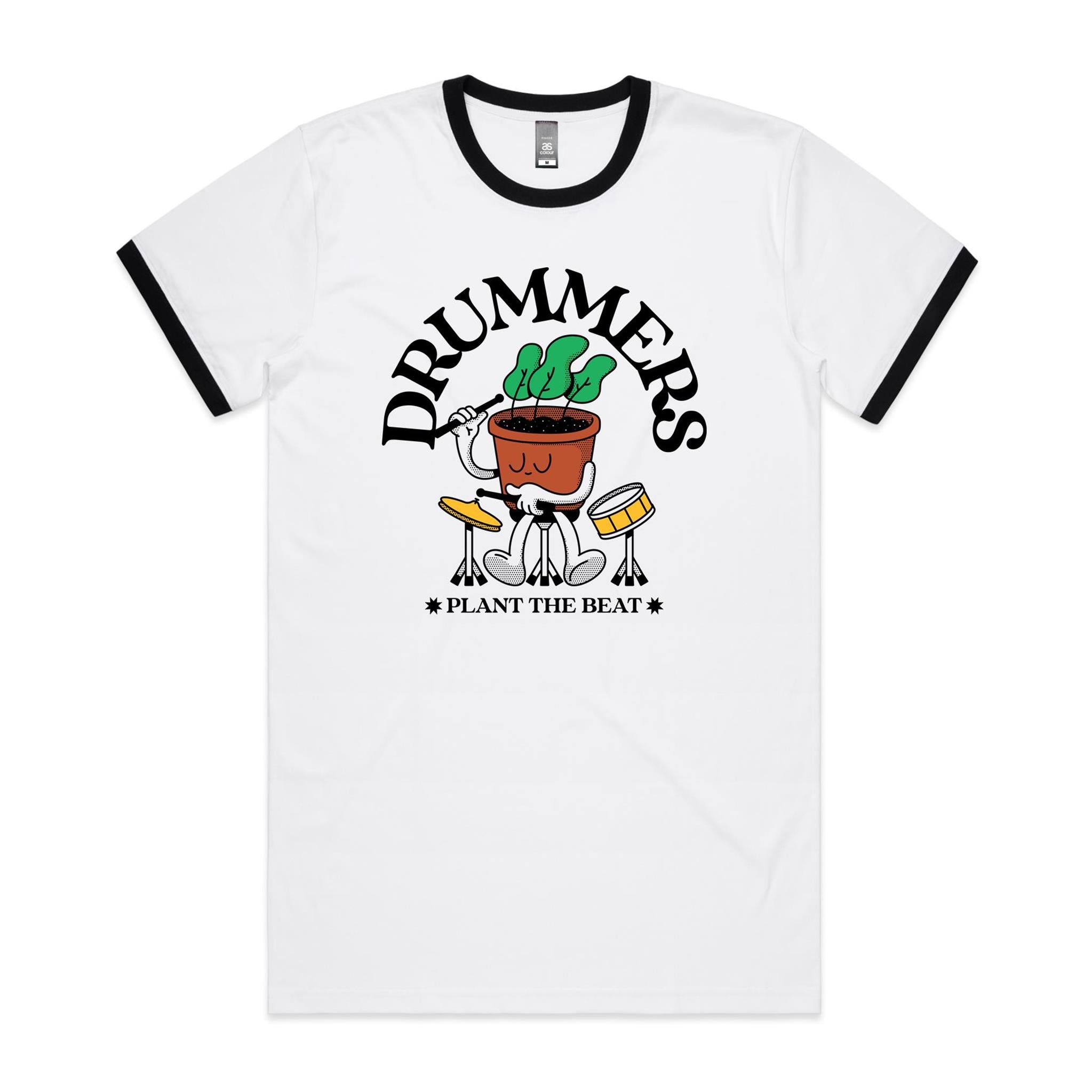 Drummers Plant The Beat - Staple Ringer Tee White Black Ringer T-Shirt Music Printed In Australia