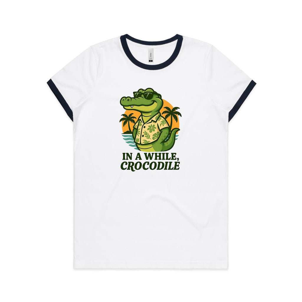 In A While, Crocodile AS Colour Women's Ringer Tee White Navy Womens Ringer T-shirt animal Printed In Australia