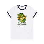 In A While, Crocodile AS Colour Women's Ringer Tee White Navy Womens Ringer T-shirt animal Printed In Australia