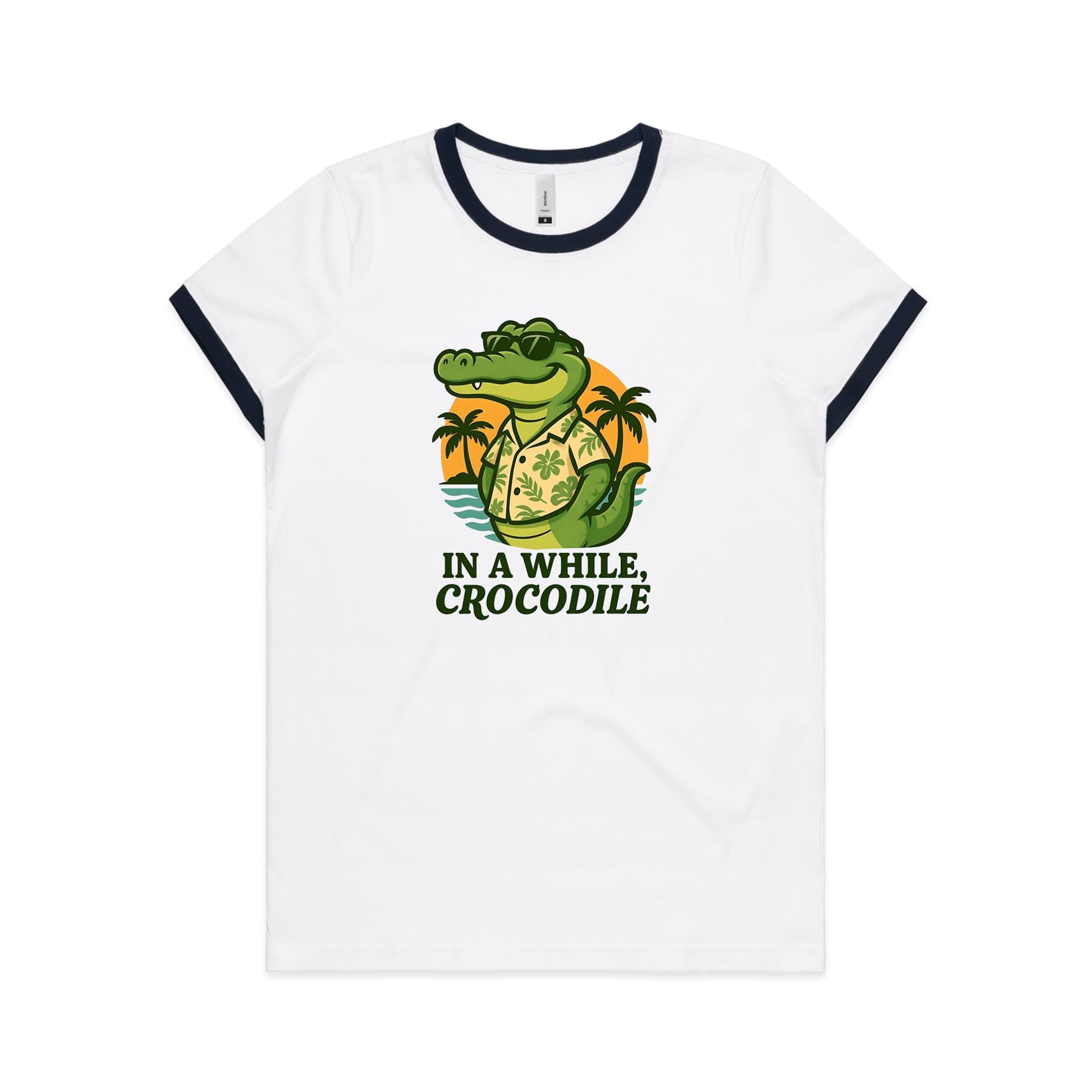 In A While, Crocodile AS Colour Women's Ringer Tee White Navy Womens Ringer T-shirt animal Printed In Australia