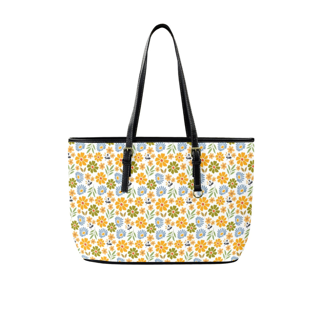 Retro Boho Flower PU Leather Tote Bag Large One Size Leather Tote Bag-Large Plants Printed Offshore