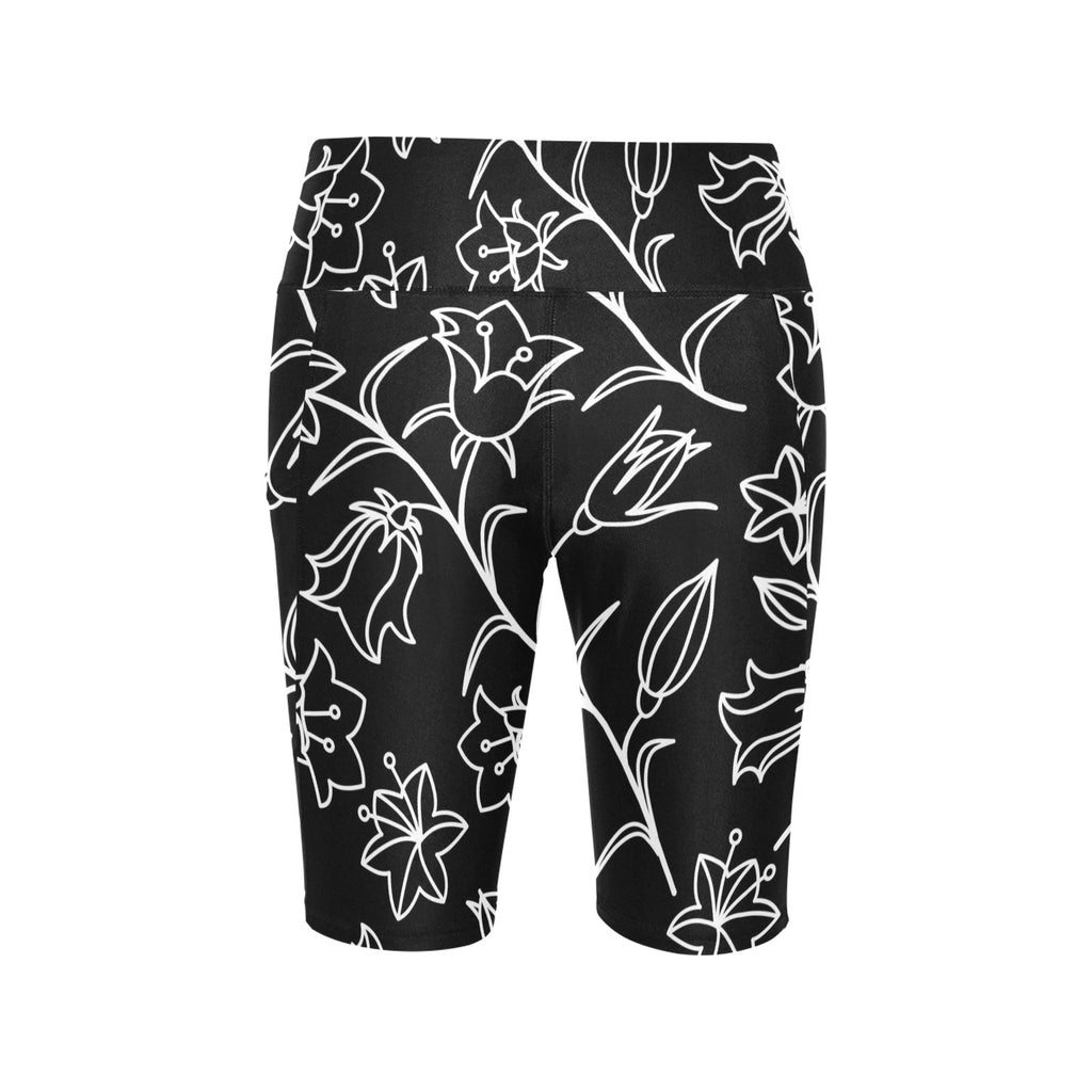 Black And White Floral Women's Bike Shorts With Side Pockets Women's Bike Shorts Plants Printed Offshore