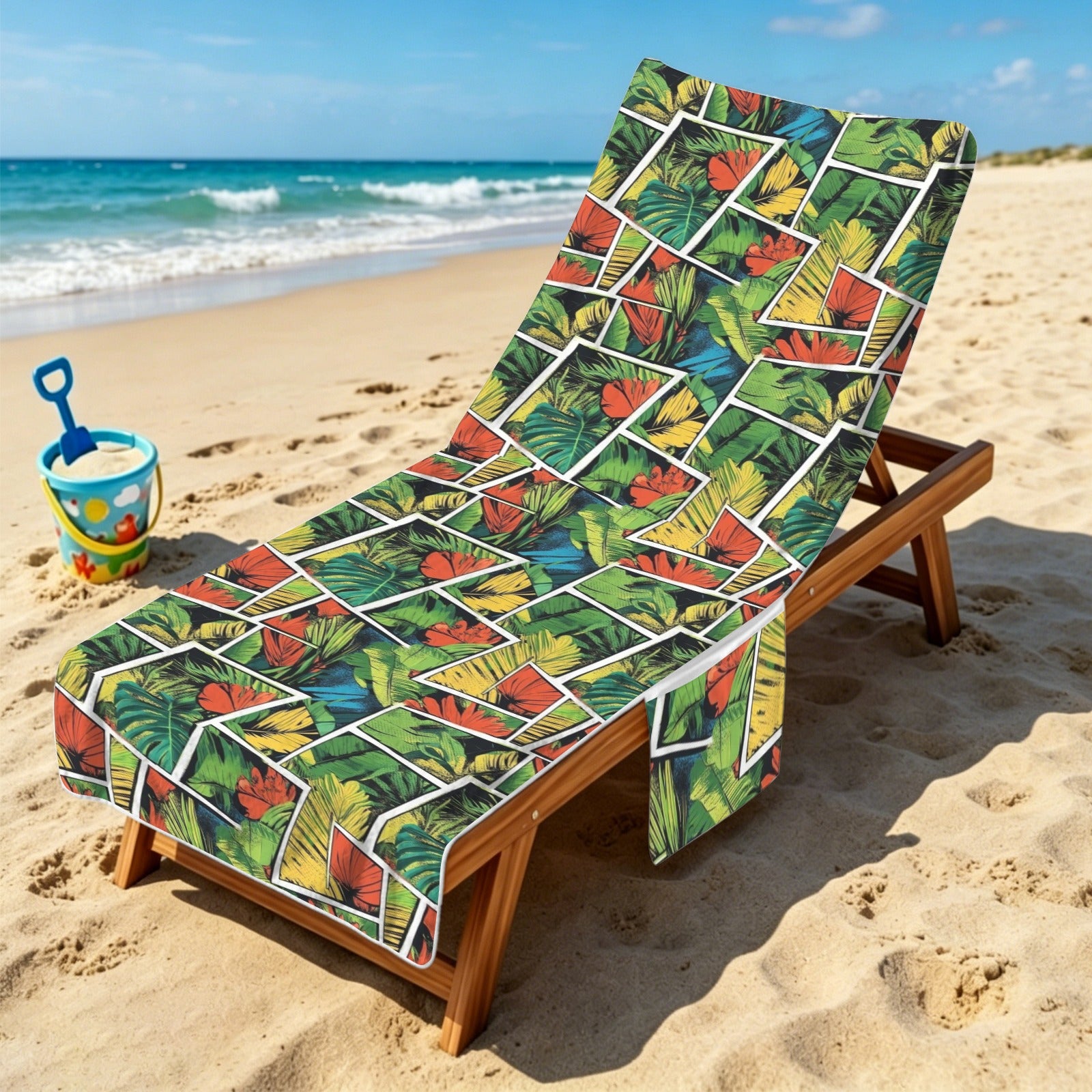 Tropical Comic Book Style Beach Chair Towel Cover with Side Pockets