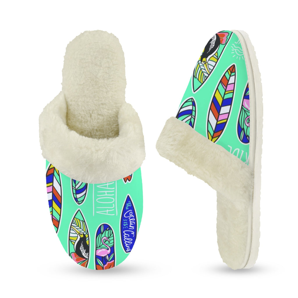 Aloha Surfboards Women's Fur Trim Thick-Sole Indoor Slippers Women's Fur Trimmed Slippers Printed Offshore Surf