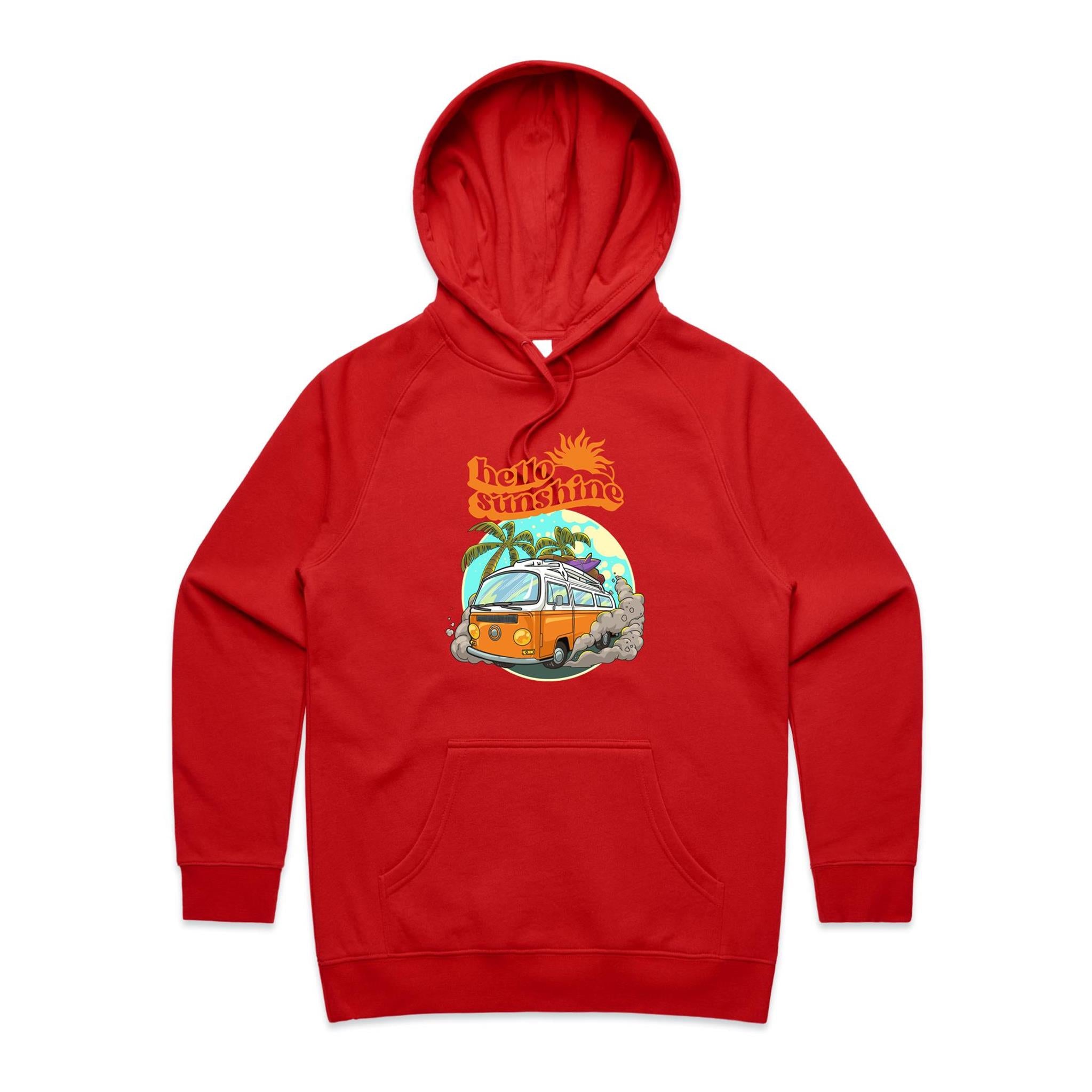 Hello Sunshine, Beach Van - Womens Hoodie Red Womens 2XL Womens Hoodie Printed In Australia Summer