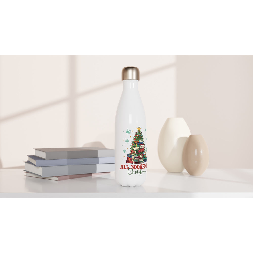 All Booked For Christmas White 17oz Stainless Steel Water Bottle White Water Bottle Christmas Globally Fulfilled