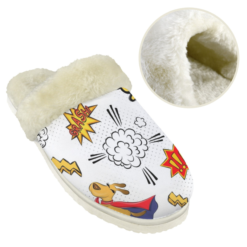 Super Dog Men's Fur Trim Thick-Sole Indoor Slippers Men's Fur Trimmed Slippers animal comic Printed Offshore
