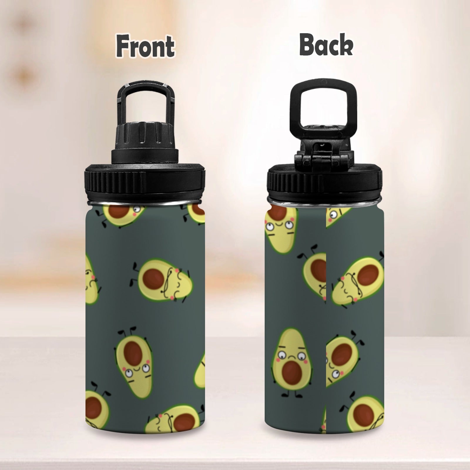 Avocado Characters - Kids Water Bottle with Chug Lid (12 oz) Kids Water Bottle with Chug Lid Food Printed Offshore