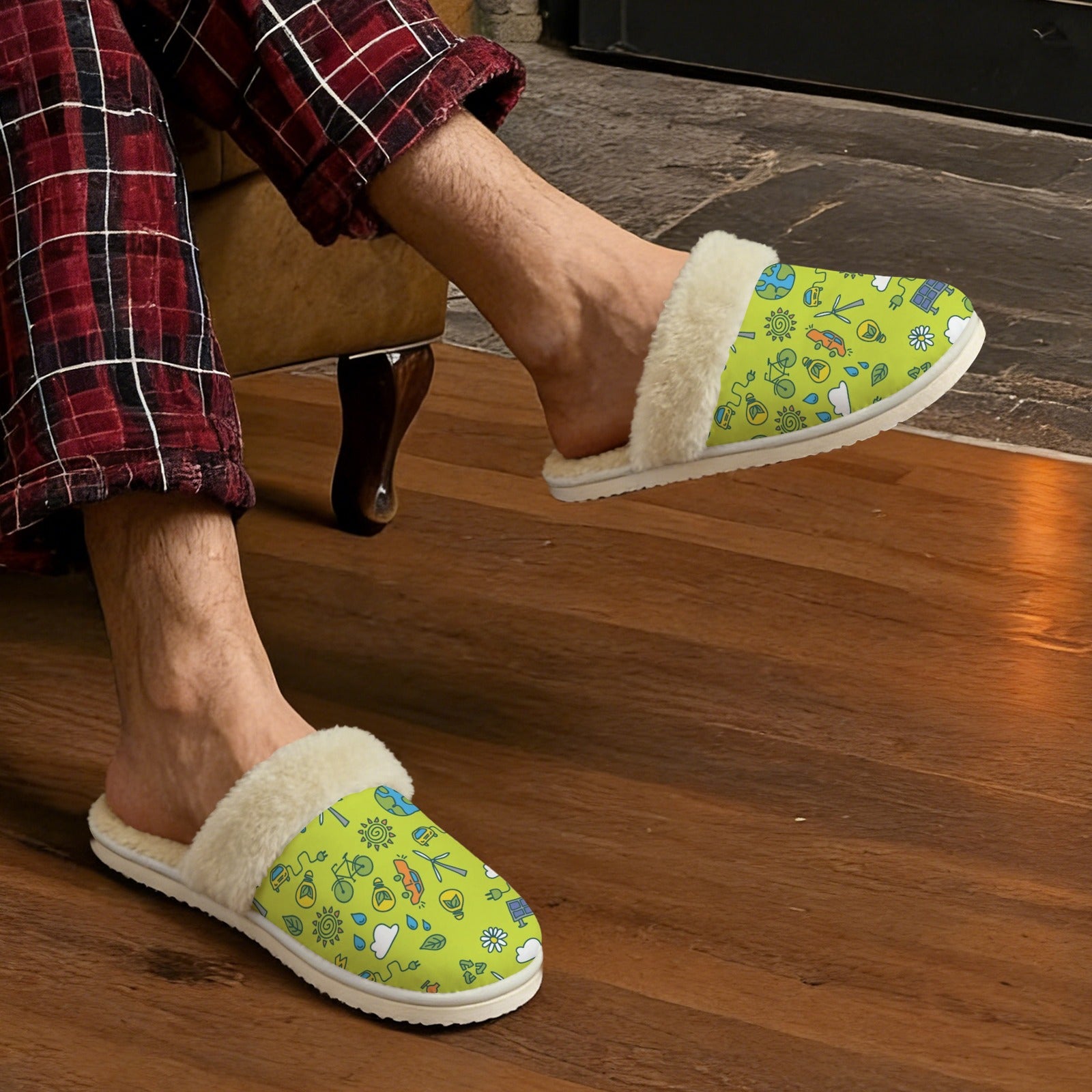Go Green Men's Fur Trim Thick-Sole Indoor Slippers Men's Fur Trimmed Slippers Environment Printed Offshore