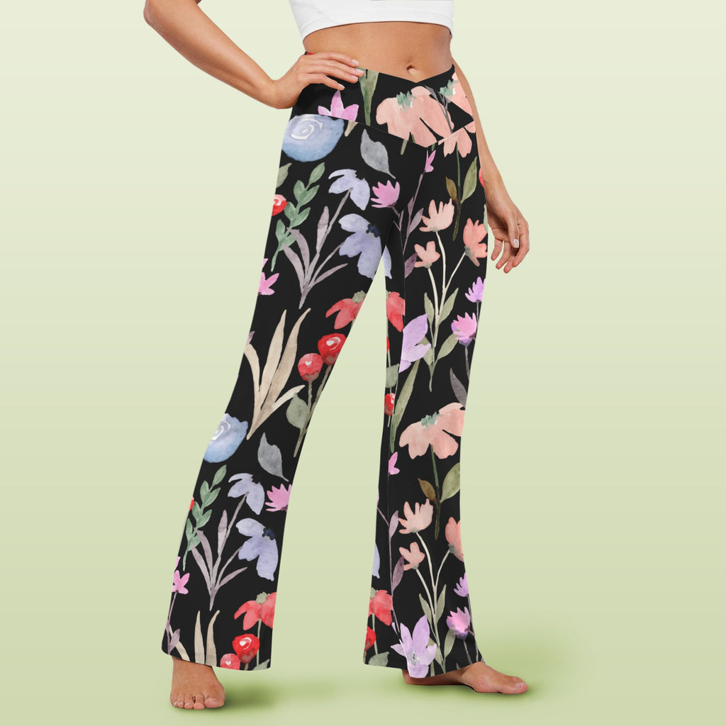 Floral Watercolour High Waist Crossover Tummy Control Flare Leggings High Waist Flare Leggings Plants Printed Offshore