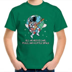 Astronaut, All We Need Is Love, Peace And A Little Space - Kids Youth T-Shirt Kelly Green Kids Youth T-shirt Music Printed In Australia Space