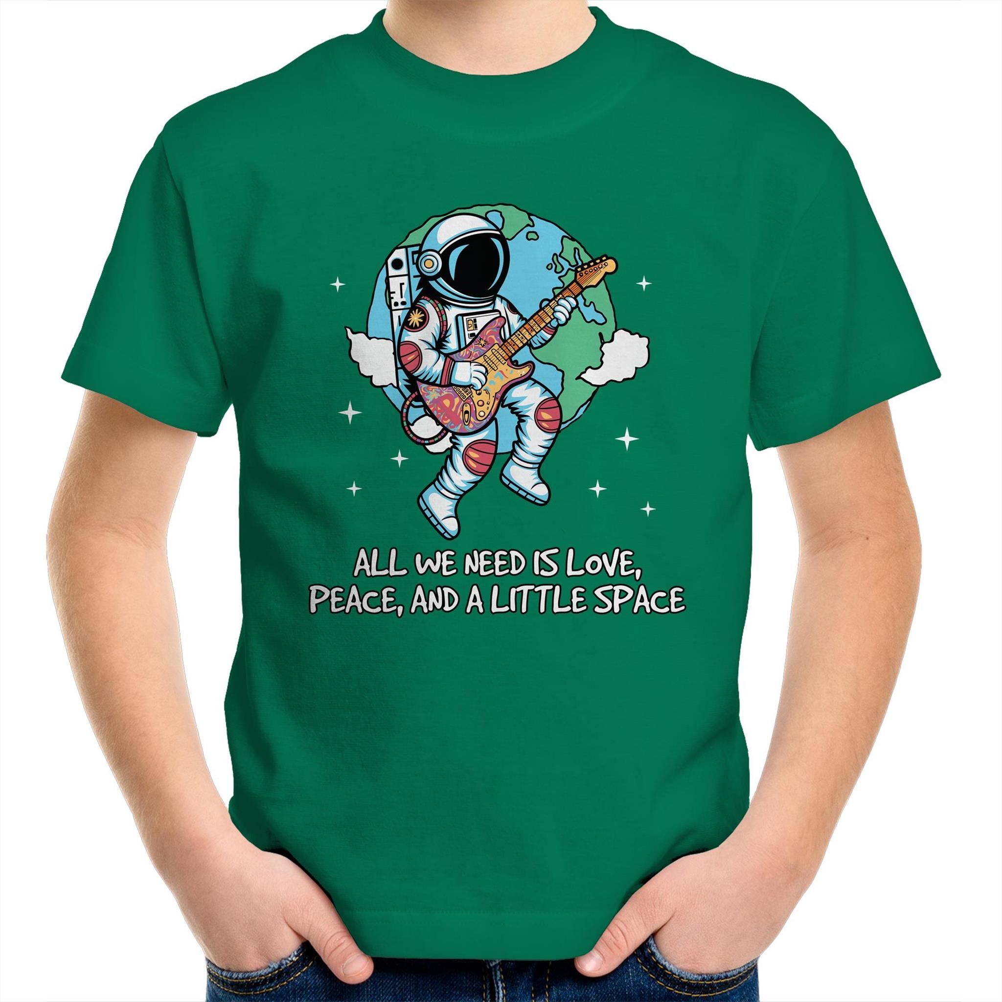Astronaut, All We Need Is Love, Peace And A Little Space - Kids Youth T-Shirt Kelly Green Kids Youth T-shirt Music Printed In Australia Space