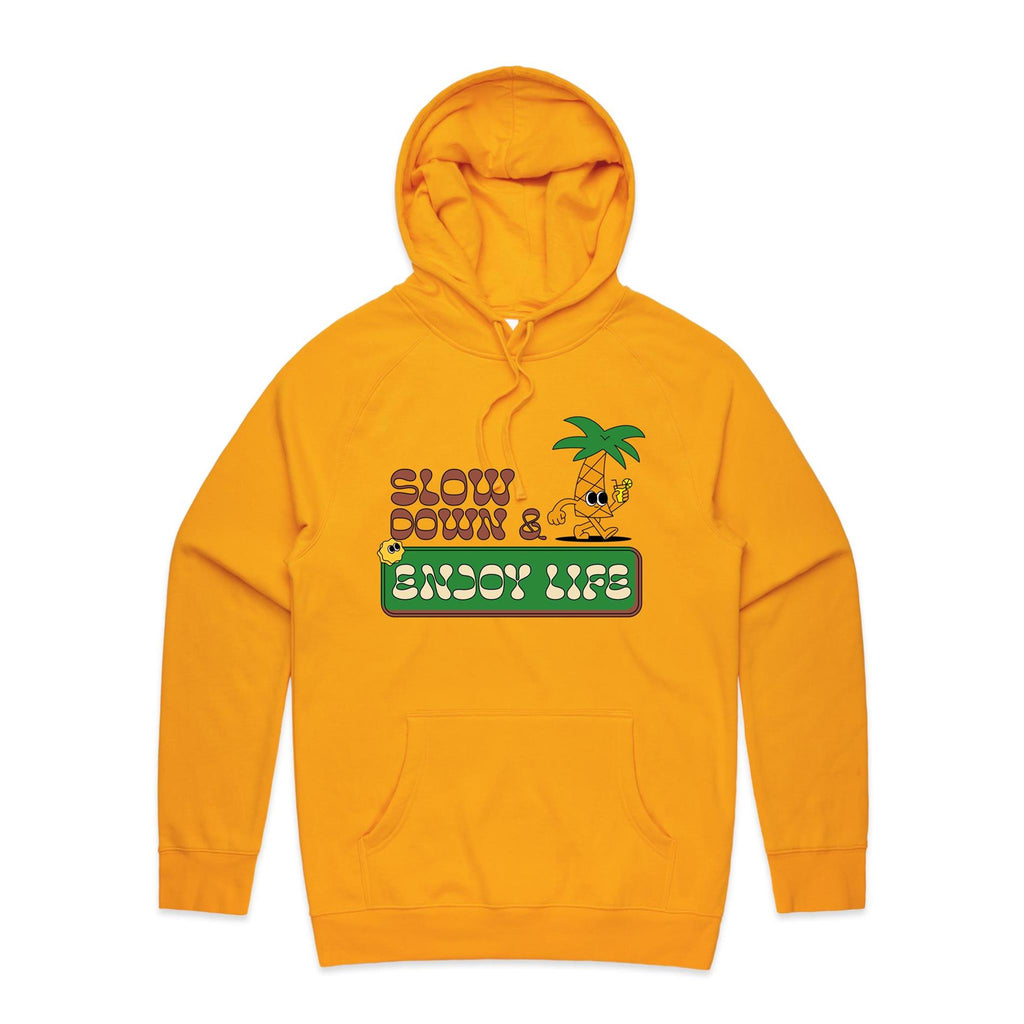 Slow Down And Enjoy Life, Palm Tree - Mens Hoodie Gold Mens Hoodie Printed In Australia Summer