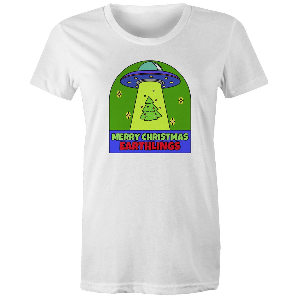 Merry Christmas Earthlings, UFO - Womens T-shirt White Womens Christmas T-shirt Christmas Printed In Australia