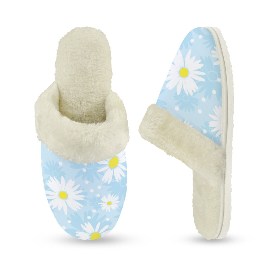 Blue Chamomile Women's Fur Trim Thick-Sole Indoor Slippers Women's Fur Trimmed Slippers Plants Printed Offshore