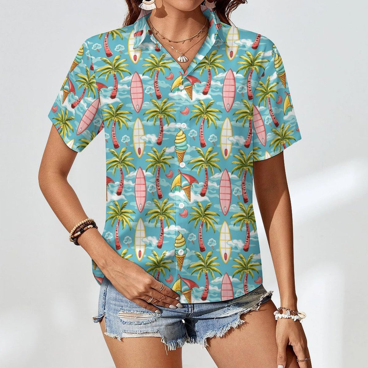 Summer Surf Women's Collared Pocketless Short Sleeve Shirt