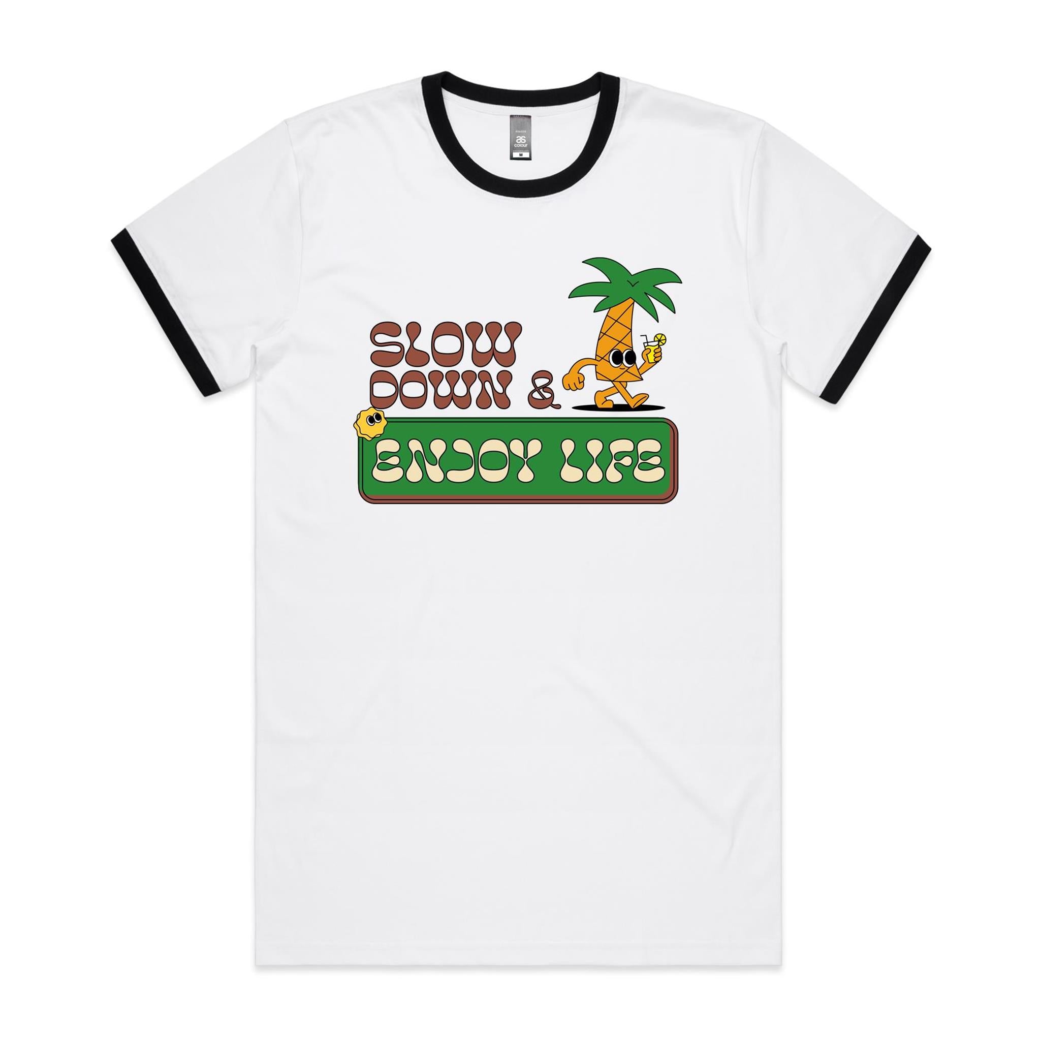 Slow Down And Enjoy Life - Staple Ringer Tee White Black Ringer T-Shirt Positivity Printed In Australia