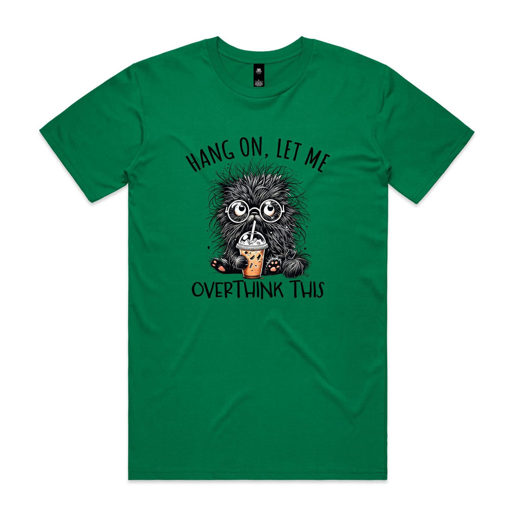 Frazzled Cat, Hang On Let Me Overthink This Men's AS Colour T-shirt Kelly Green Mens T-shirt animal Printed In Australia