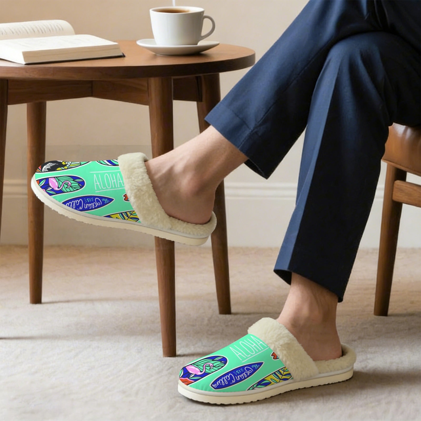 Aloha Surfboards Men's Fur Trim Thick-Sole Indoor Slippers Men's Fur Trimmed Slippers Printed Offshore Surf