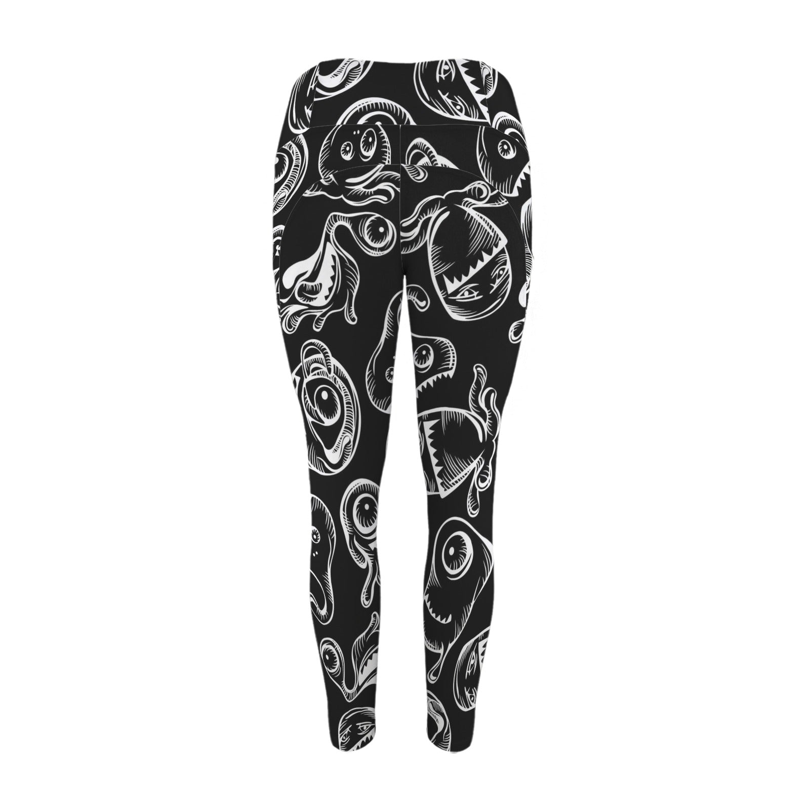 Monsters In Black And White - Women's High Waist Pockets Yoga Leggings