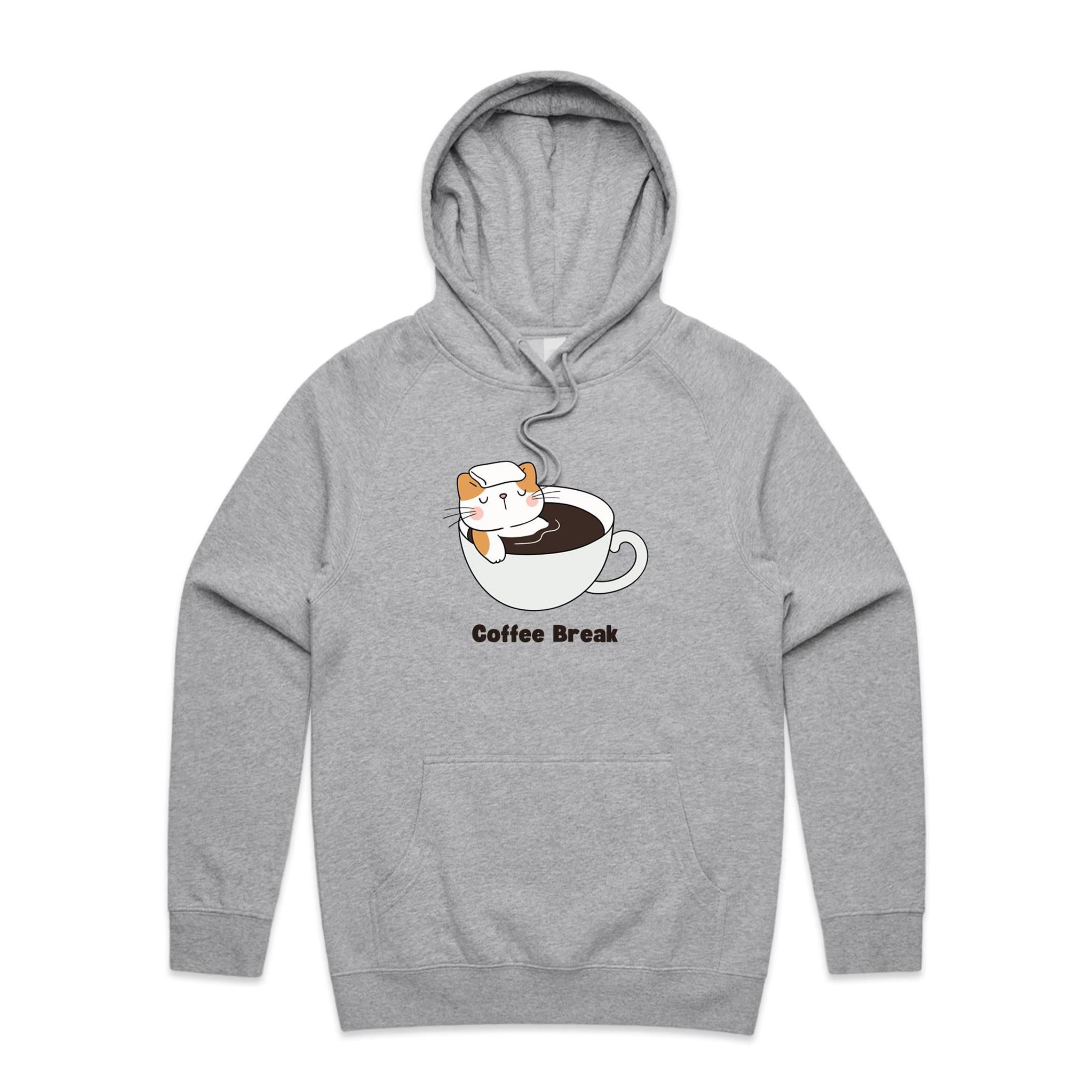 Coffee Break, Cat - Mens Hoodie Grey Marle Mens Hoodie animal Coffee Printed In Australia