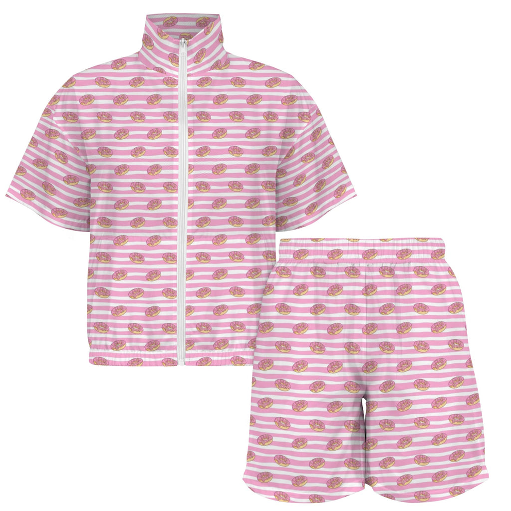 Pink Donut Stripes Women's Windbreaker Short Set Women's Windbreaker Short Set Food Printed Offshore