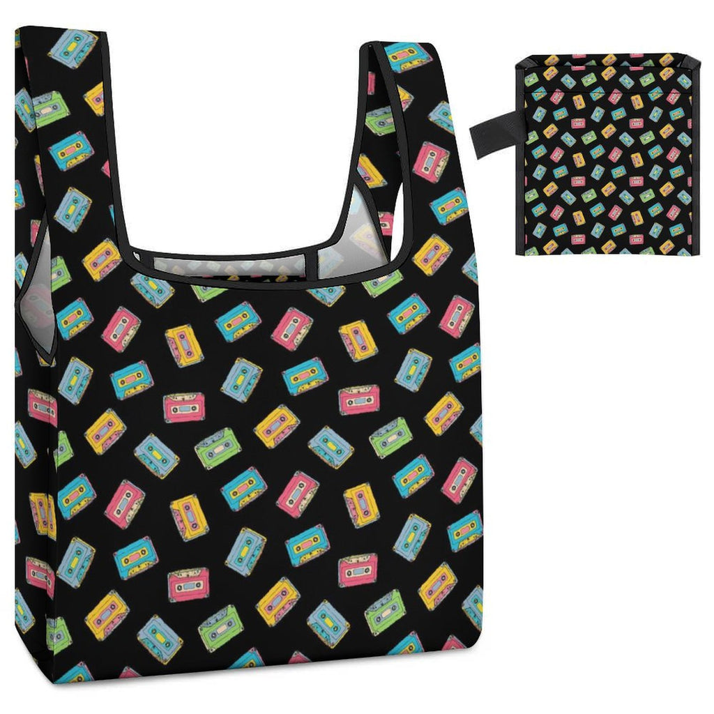 Colourful Cassette Tapes On Black Foldable Shopping Bag
