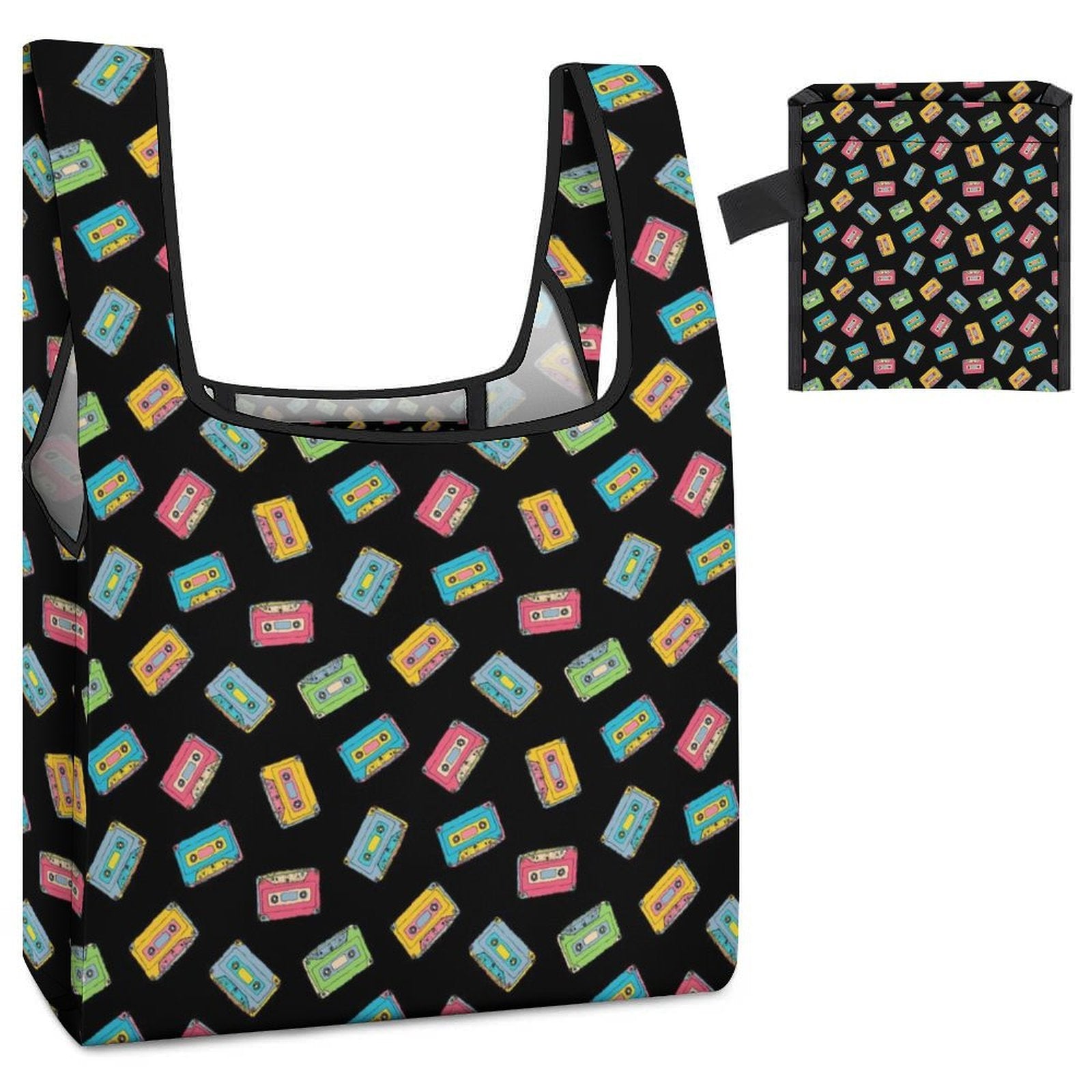 Colourful Cassette Tapes On Black Foldable Shopping Bag