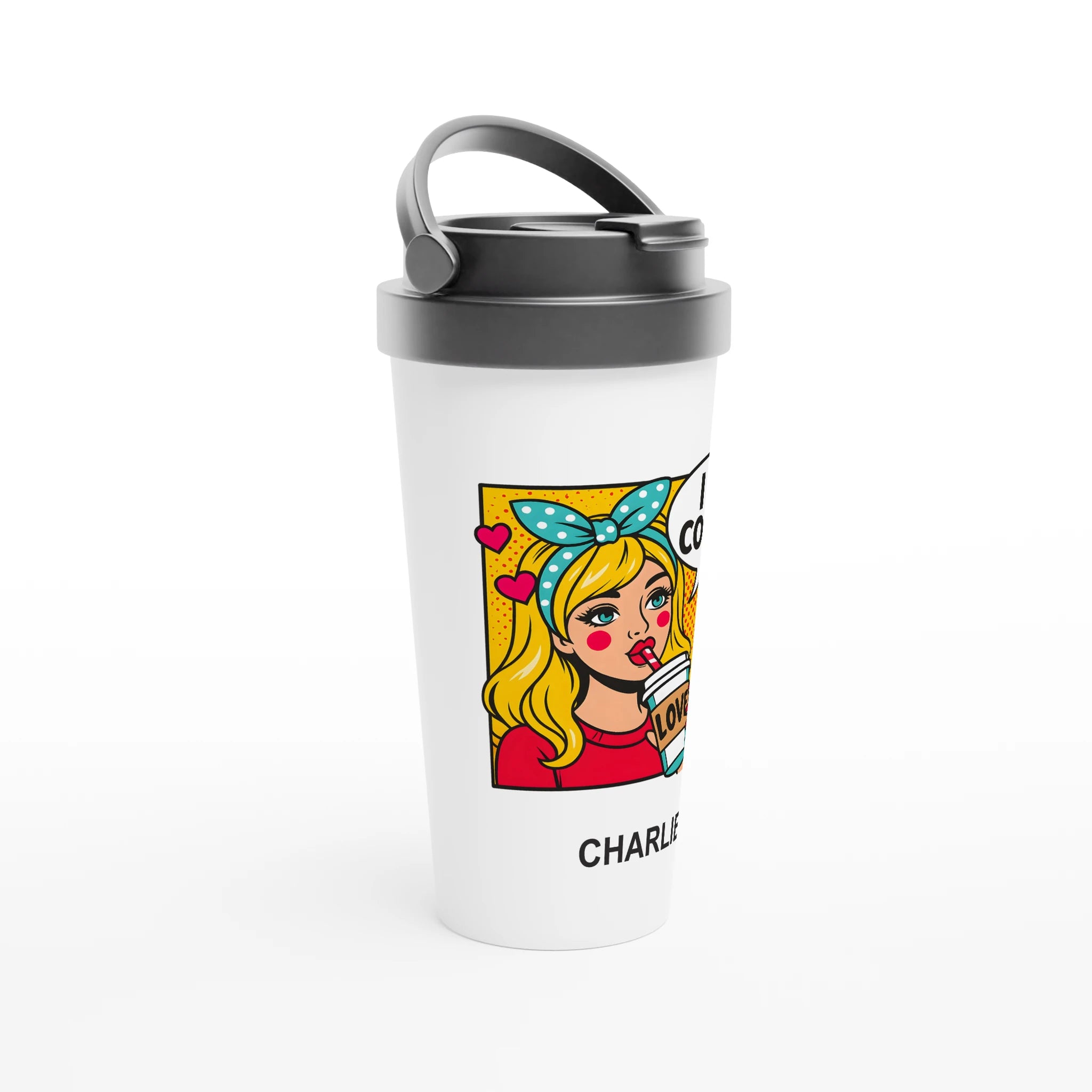 Personalised - I Love Coffee, Retro Pop Art - White 15oz Stainless Steel Travel Mug Personalised Travel Mug Coffee comic Globally Fulfilled Retro