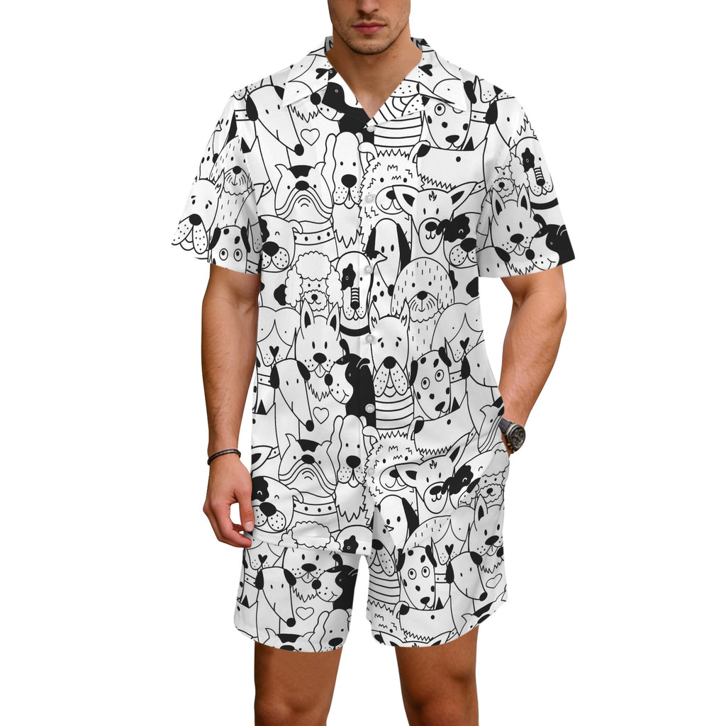 Black And White Dogs Men's Hawaiian Shirt & Shorts Set Men's Hawaiian Shirt & Shorts Set animal Printed Offshore