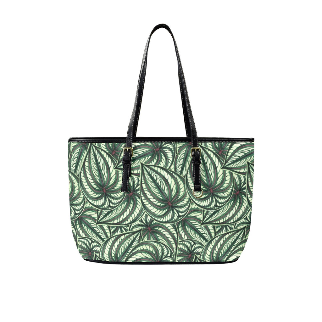 Stripy Leaves PU Leather Tote Bag Large
