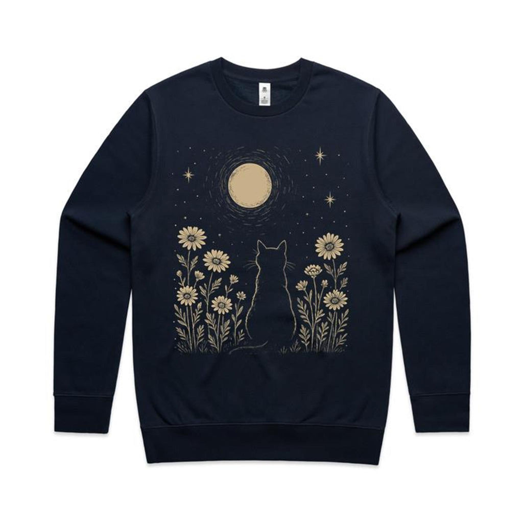 Whimsical Cat And Moon AS Colour Stencil Crew Sweatshirt Unisex Navy Sweatshirt animal Printed In Australia