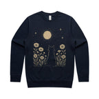 Whimsical Cat And Moon AS Colour Stencil Crew Sweatshirt Unisex Navy Sweatshirt animal Printed In Australia