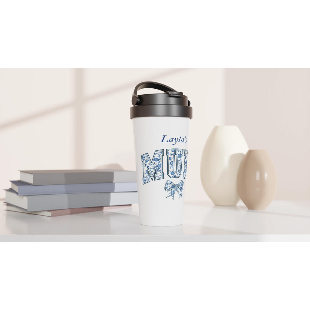 Personalise - Mum, Blue Floral - White 15oz Stainless Steel Travel Mug Personalised Travel Mug customise Globally Fulfilled Mum Name personalise