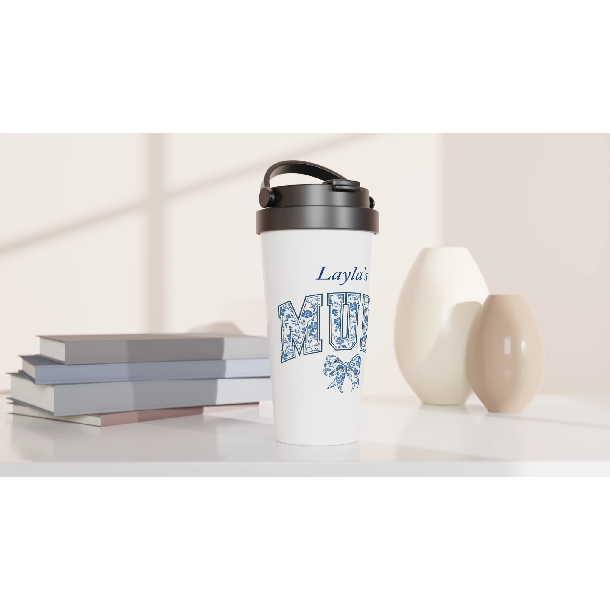 Personalise - Mum, Blue Floral - White 15oz Stainless Steel Travel Mug Personalised Travel Mug customise Globally Fulfilled Mum Name personalise