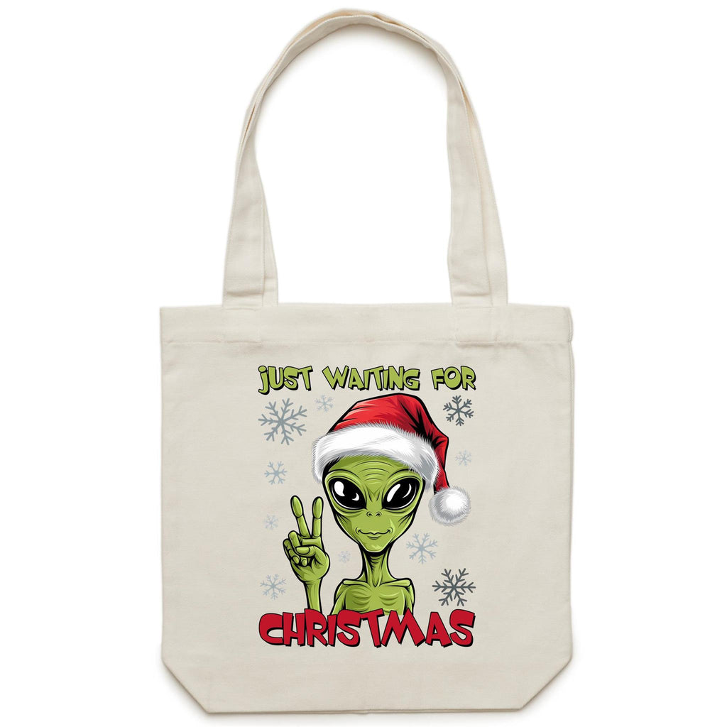 Just Waiting For Christmas, Alien - Canvas Tote Bag Cream One Size Christmas Tote Bag Christmas Printed In Australia