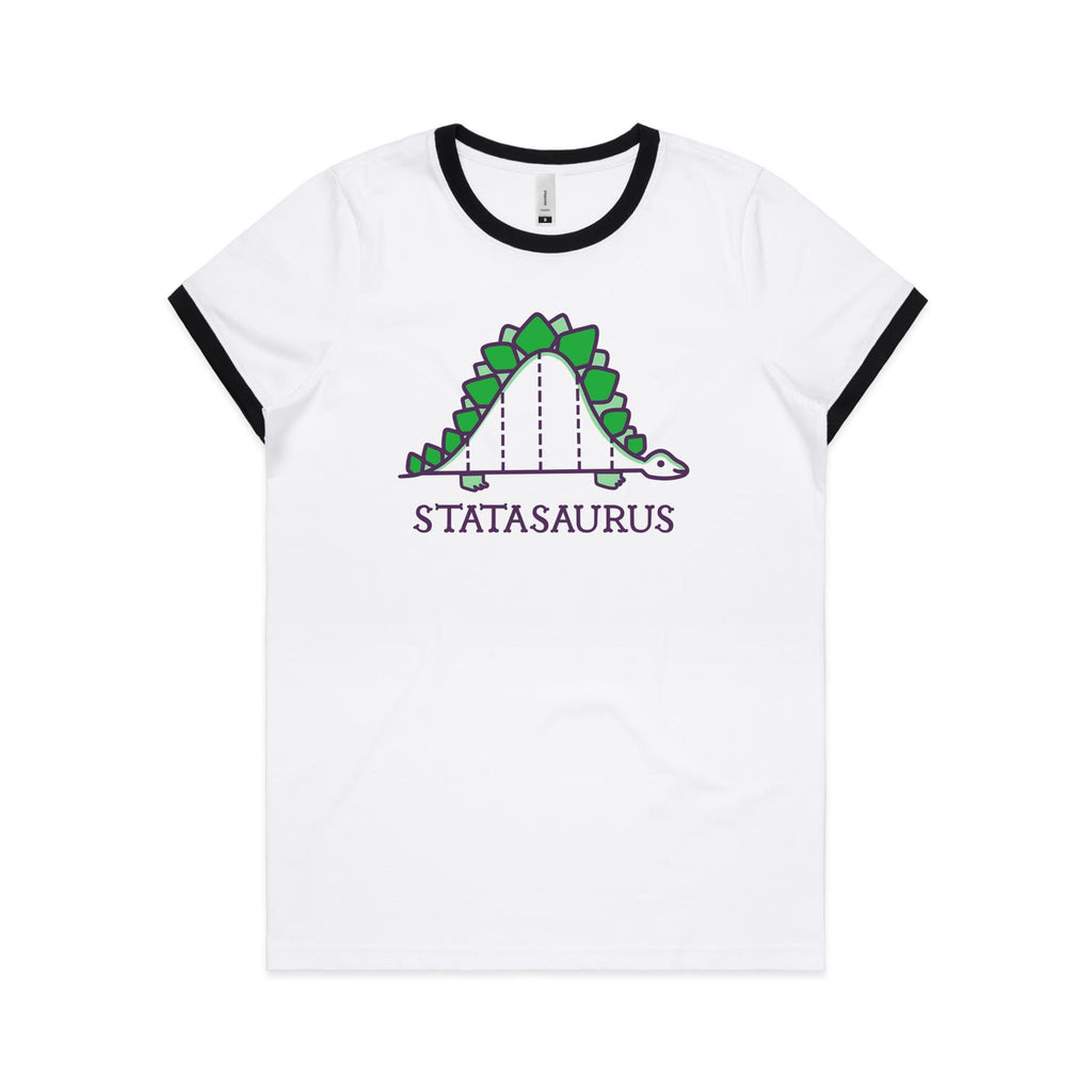 Statasaurus, Maths, Dinosaur - Women's Ringer Tee White Black Womens Ringer T-shirt animal Maths Printed In Australia
