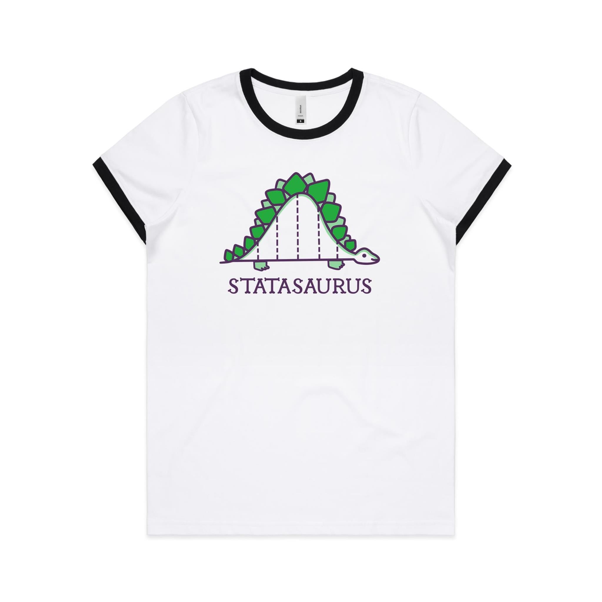 Statasaurus, Maths, Dinosaur - Women's Ringer Tee White Black Womens Ringer T-shirt animal Maths Printed In Australia