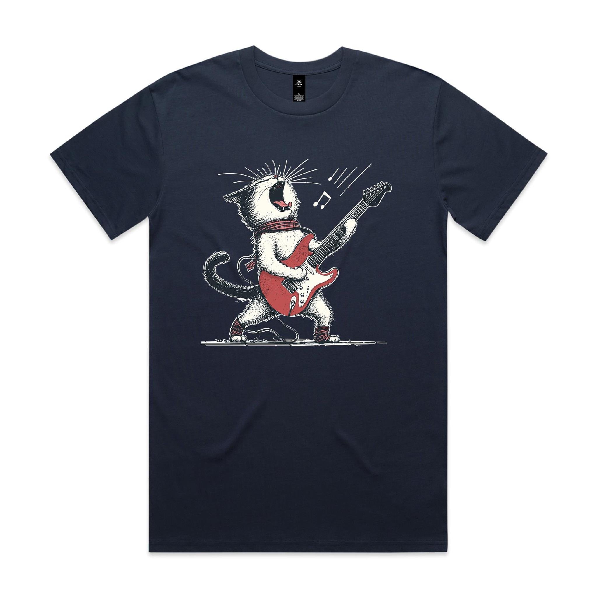 Cat Playing Guitar Men's AS Colour T-shirt Midnight Blue Mens T-shirt animal Music Printed In Australia